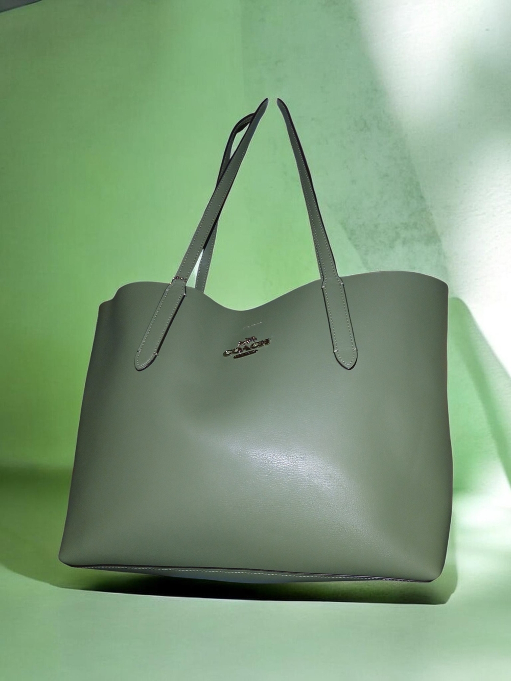 Coach Sage Green Leather Tote with Polished Logo